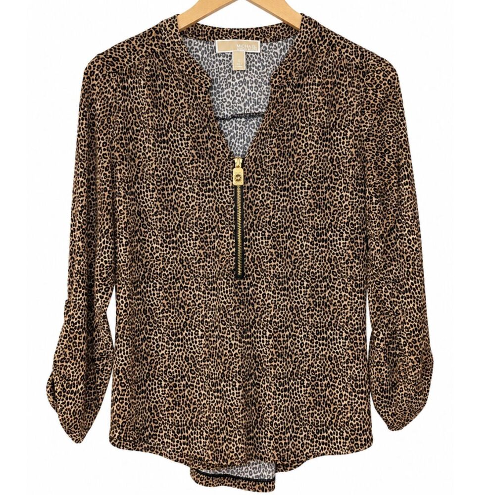 MICHAEL Michael Kors Leopard Print Half Zip Blouse Size S Gold MK - Picture 2 of 6